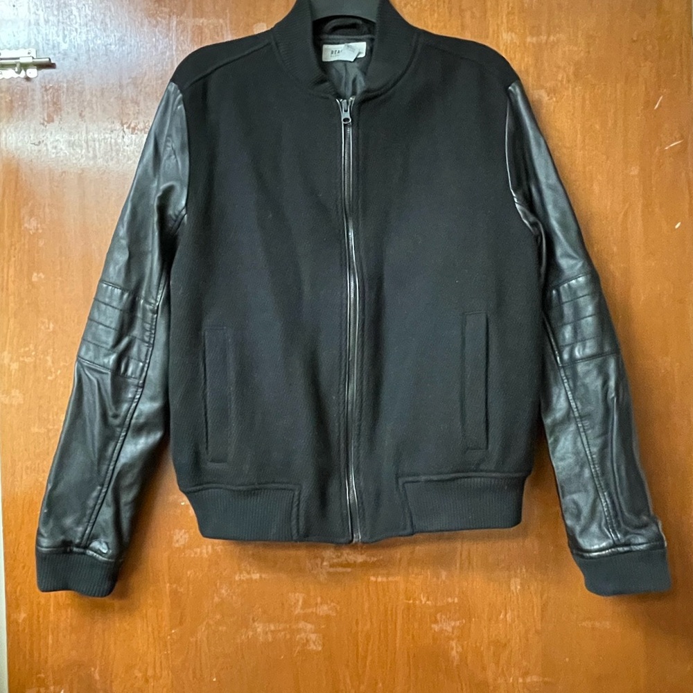 Kenneth Cole Black Bomber Jacket with Leather Sleeves